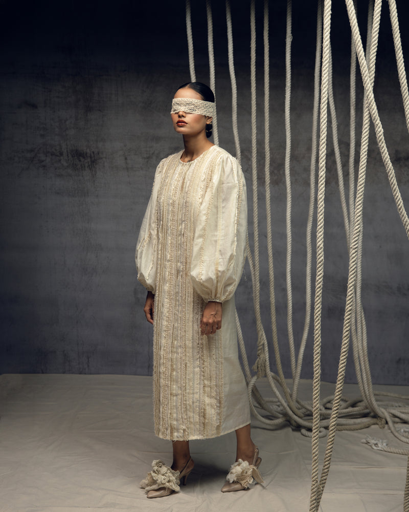 Ivory Khadi Silk Fringing Column Dress khadi silk dress by Kritika Murarka in ivory for women Worldwide