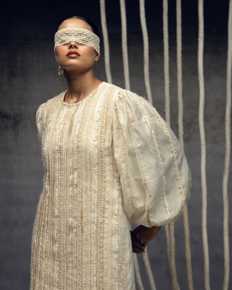 Ivory Khadi Silk Fringing Column Dress khadi silk dress by Kritika Murarka in ivory for women Worldwide