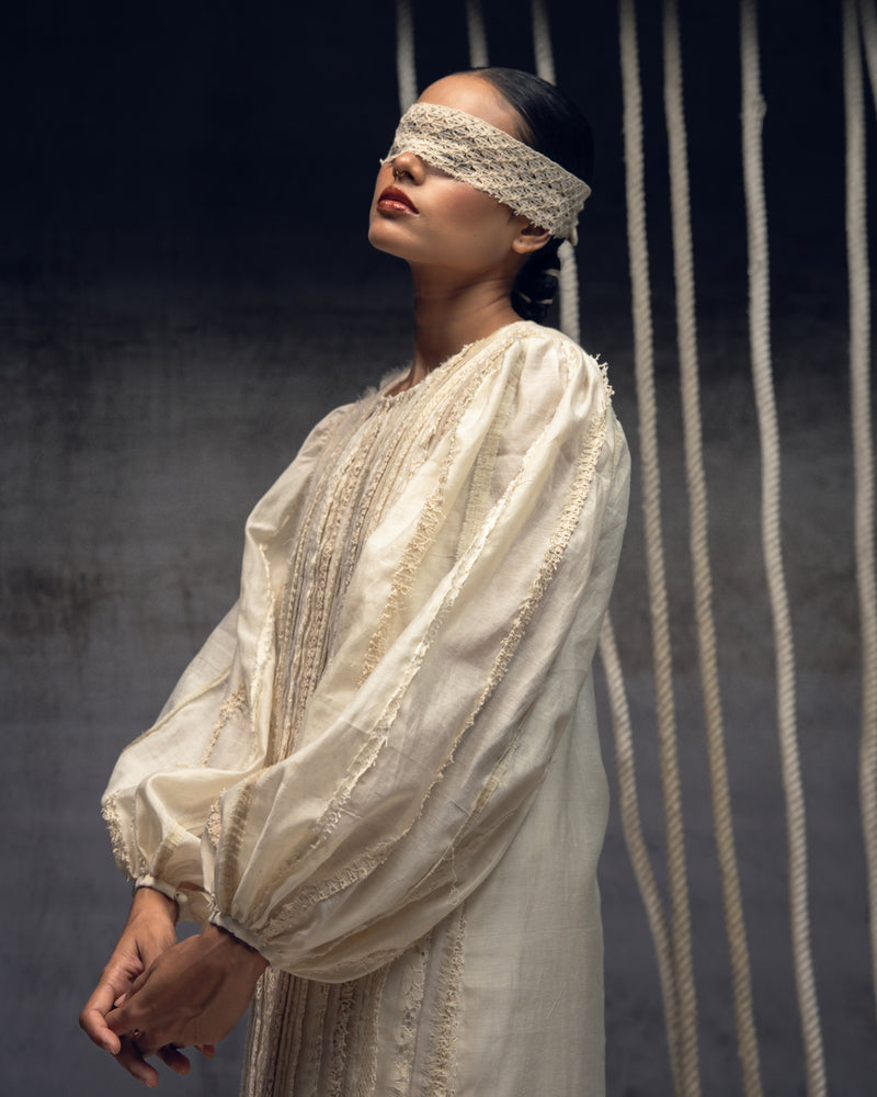 Ivory Khadi Silk Fringing Column Dress khadi silk dress by Kritika Murarka in ivory for women Worldwide
