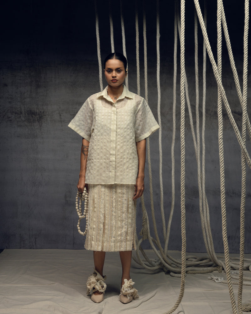 Ivorykhadi Silk Checkered Shirt khadi silk top/shirt by Kritika Murarka in ivory for women Worldwide