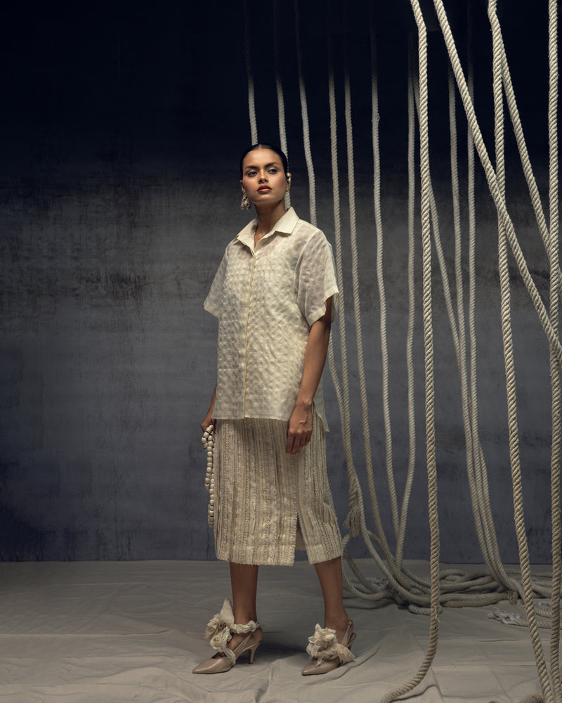 Ivorykhadi Silk Checkered Shirt khadi silk top/shirt by Kritika Murarka in ivory for women Worldwide
