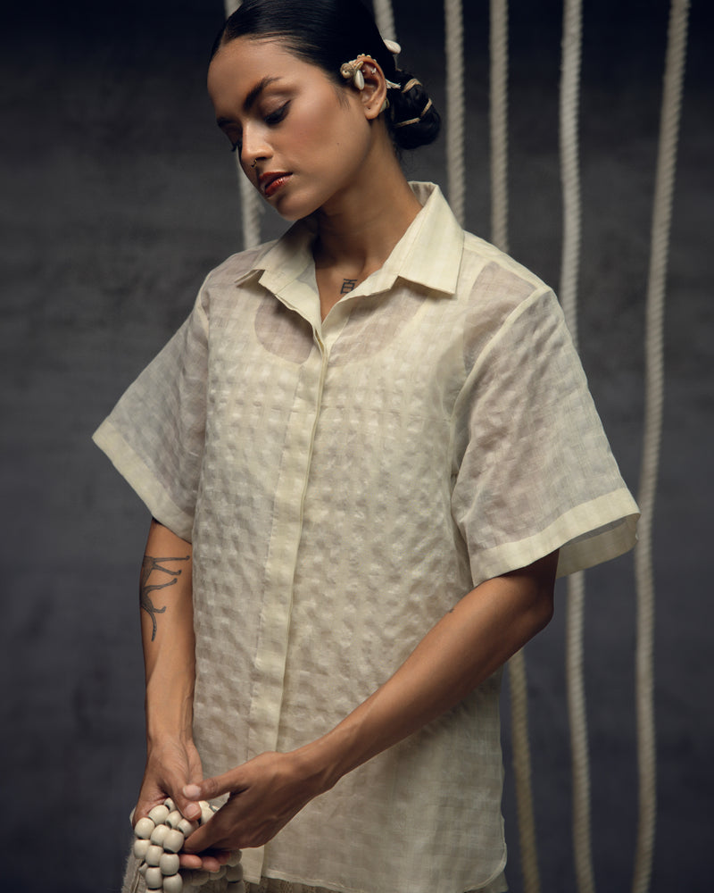 Ivorykhadi Silk Checkered Shirt khadi silk top/shirt by Kritika Murarka in ivory for women Worldwide