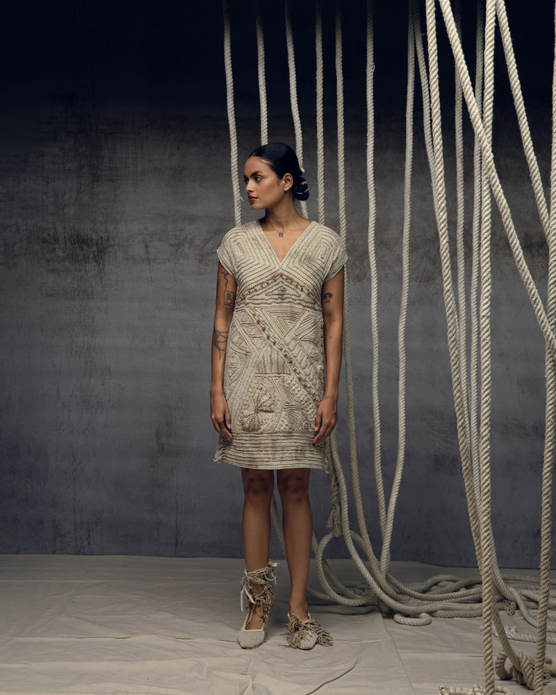 Ivory Crushed Embroidered Short Dress crushed cotton dress by Kritika Murarka in ivory for women Worldwide