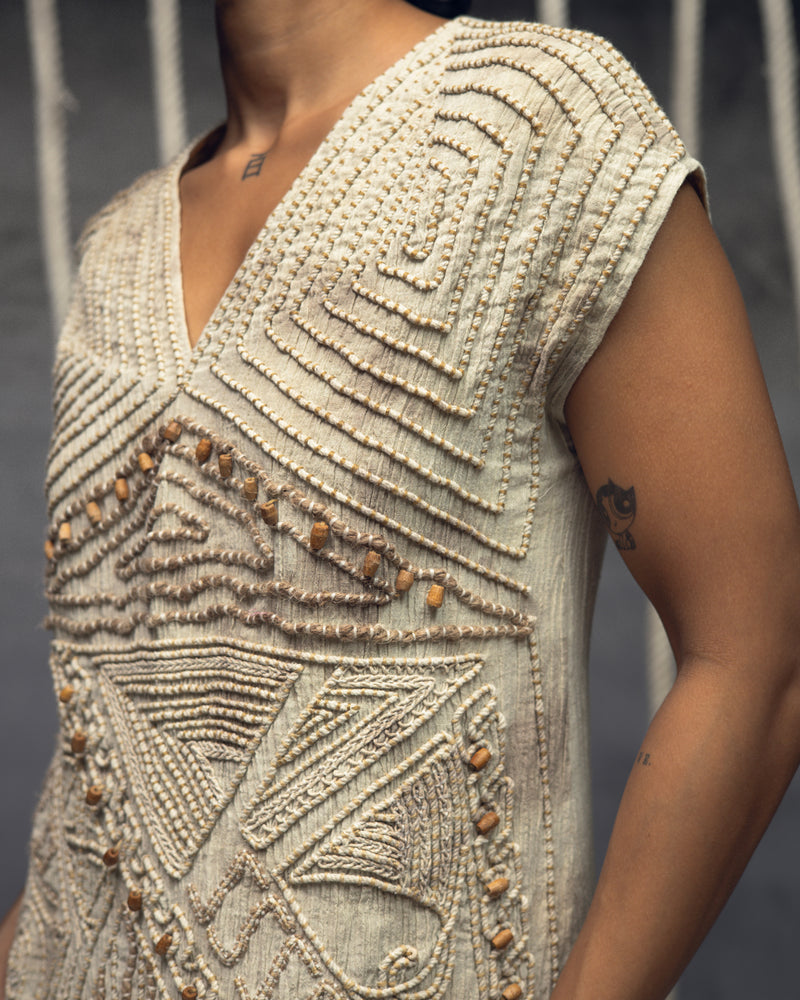 Ivory Crushed Embroidered Short Dress crushed cotton dress by Kritika Murarka in ivory for women Worldwide