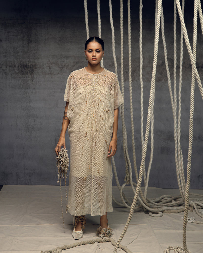 Open Mesh Embroidered Kaftaan cotton open mesh kaftan by Kritika Murarka in ivory for women Worldwide