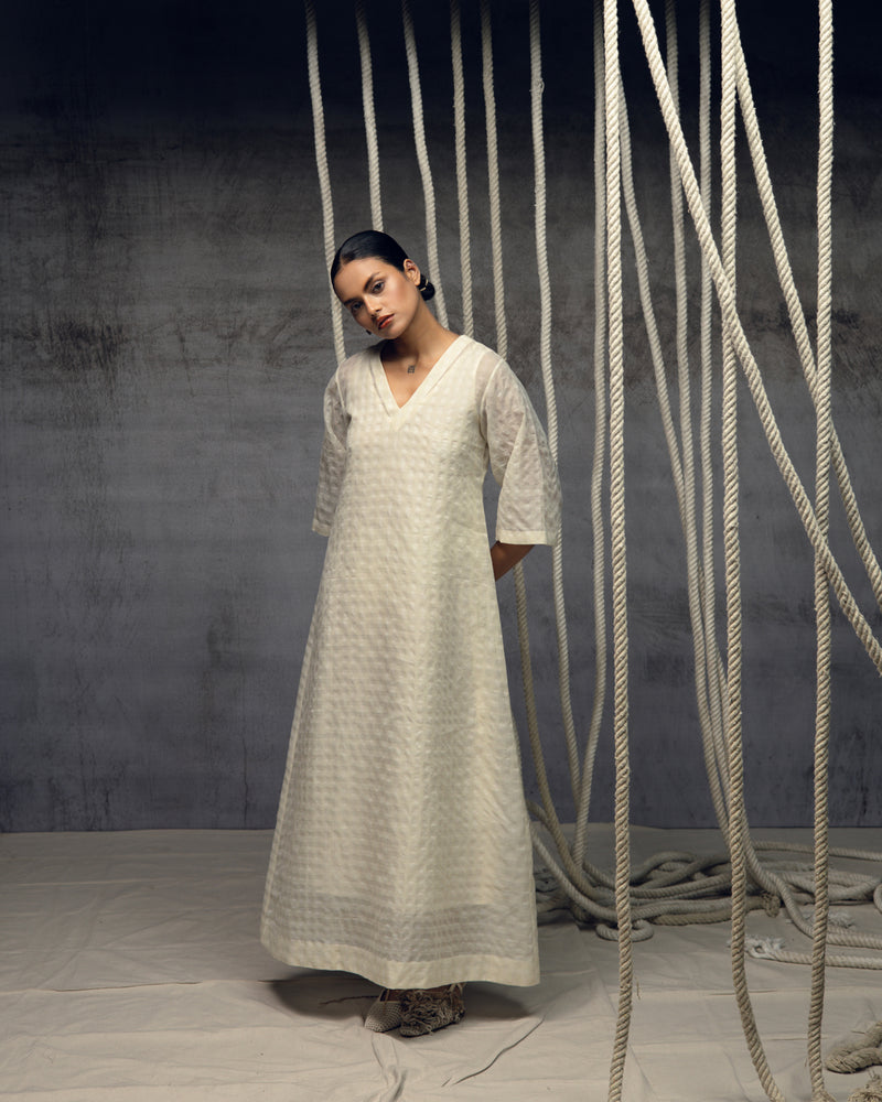 Ivory Khadi Silk Checkered Dress khadi silk dress by Kritika Murarka in ivory for women Worldwide