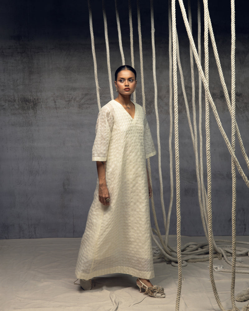 Ivory Khadi Silk Checkered Dress khadi silk dress by Kritika Murarka in ivory for women Worldwide