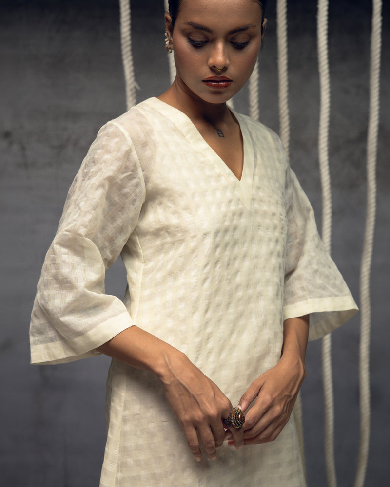 Ivory Khadi Silk Checkered Dress khadi silk dress by Kritika Murarka in ivory for women Worldwide