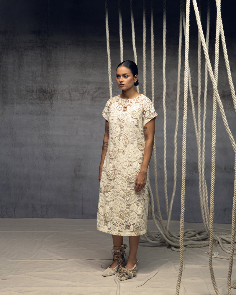 Ivory Paisley Lace Embroidered Midi indian cotton lace dress by Kritika Murarka in ivory for women Worldwide