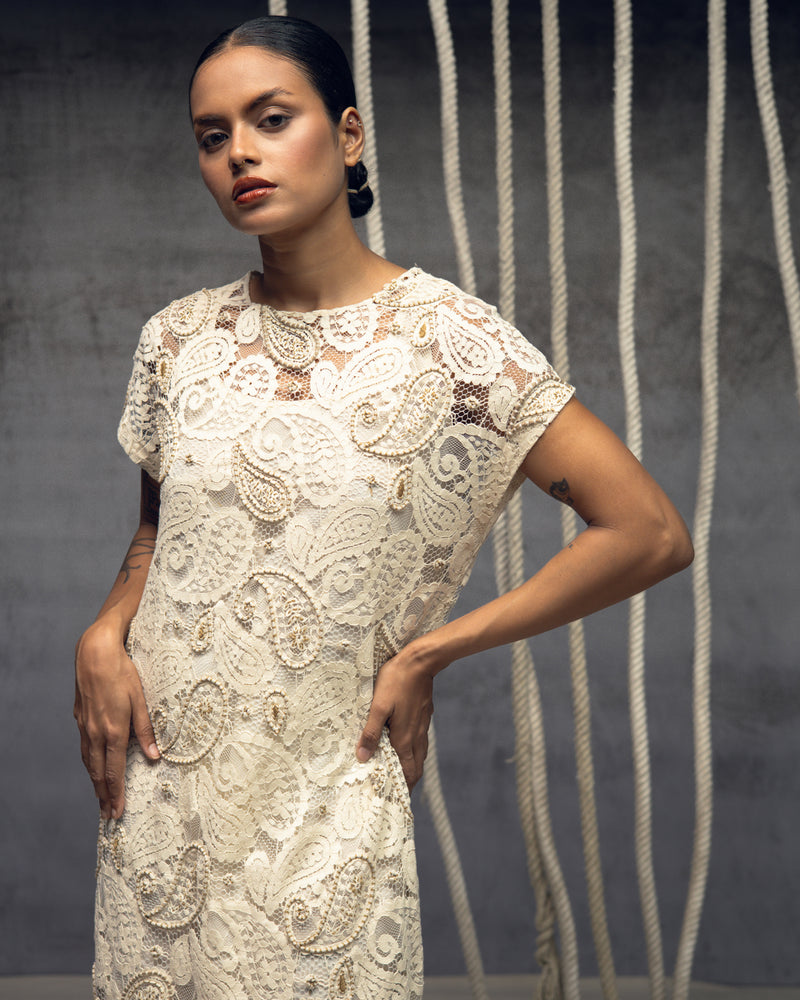 Ivory Paisley Lace Embroidered Midi indian cotton lace dress by Kritika Murarka in ivory for women Worldwide
