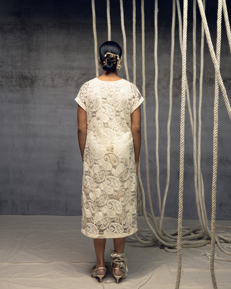 Ivory Paisley Lace Embroidered Midi indian cotton lace dress by Kritika Murarka in ivory for women Worldwide