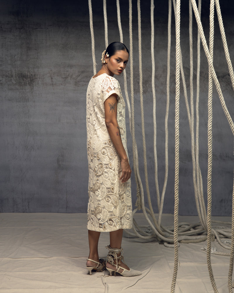 Ivory Paisley Lace Embroidered Midi indian cotton lace dress by Kritika Murarka in ivory for women Worldwide