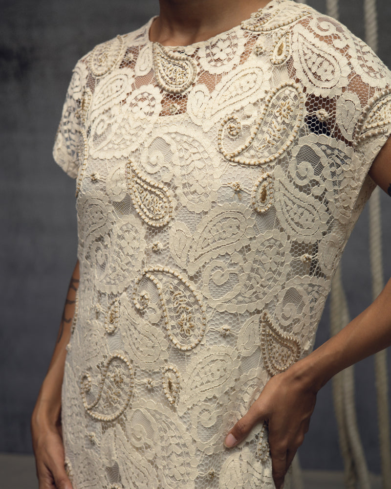 Ivory Paisley Lace Embroidered Midi indian cotton lace dress by Kritika Murarka in ivory for women Worldwide