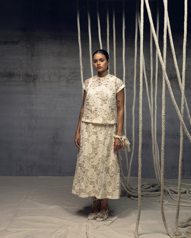 Ivory Paisley Lace Embroidered Top indian cotton lace top/shirt by Kritika Murarka in ivory for women Worldwide
