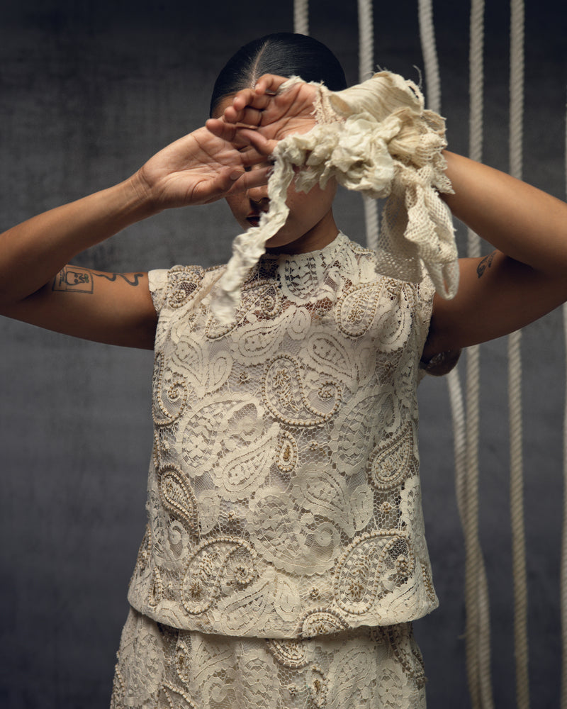 Ivory Paisley Lace Embroidered Top indian cotton lace top/shirt by Kritika Murarka in ivory for women Worldwide