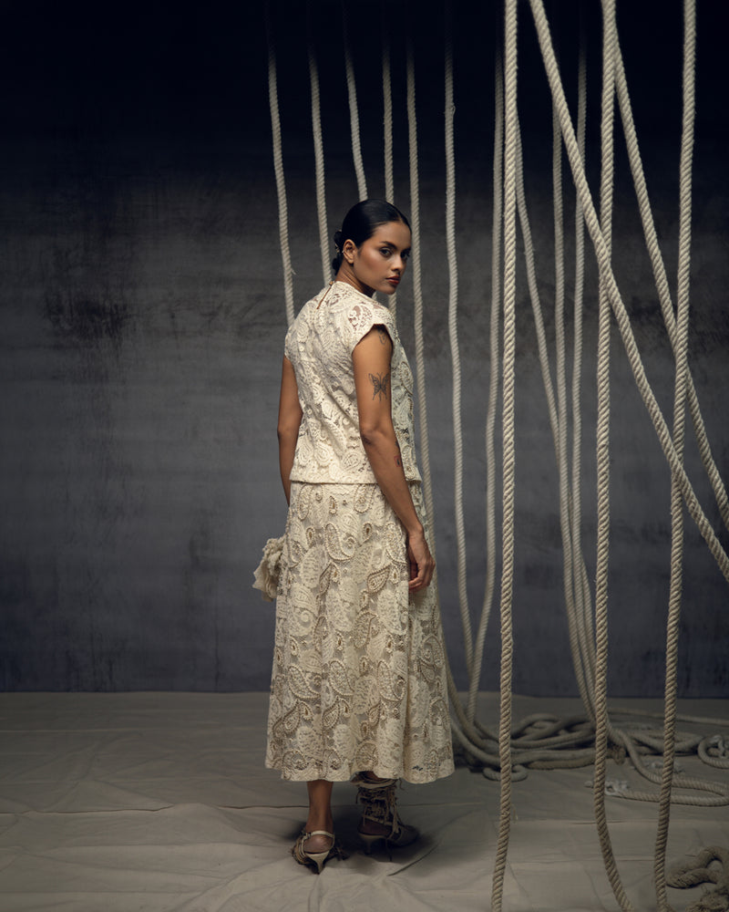 Ivory Paisley Lace Embroidered Skirt indian cotton lace skirt by Kritika Murarka in ivory for women Worldwide