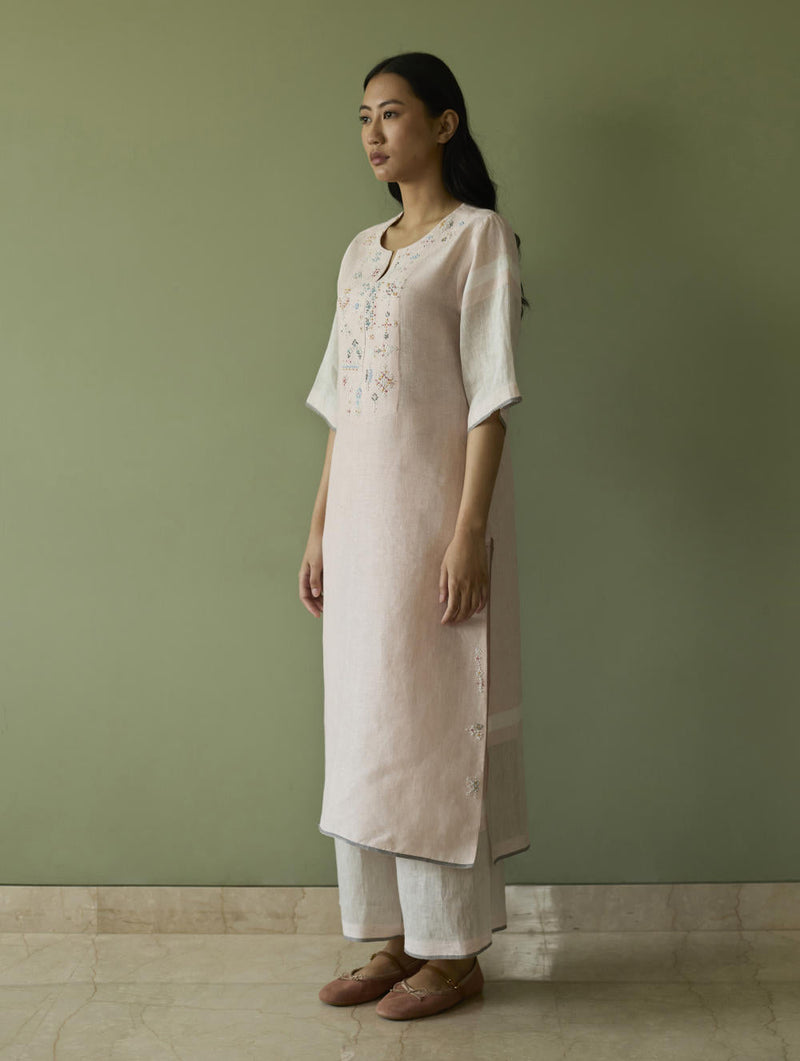 Vira Hand-Emboidered Linen Kurta-Blush linen by Manan in blush color for women Worldwide