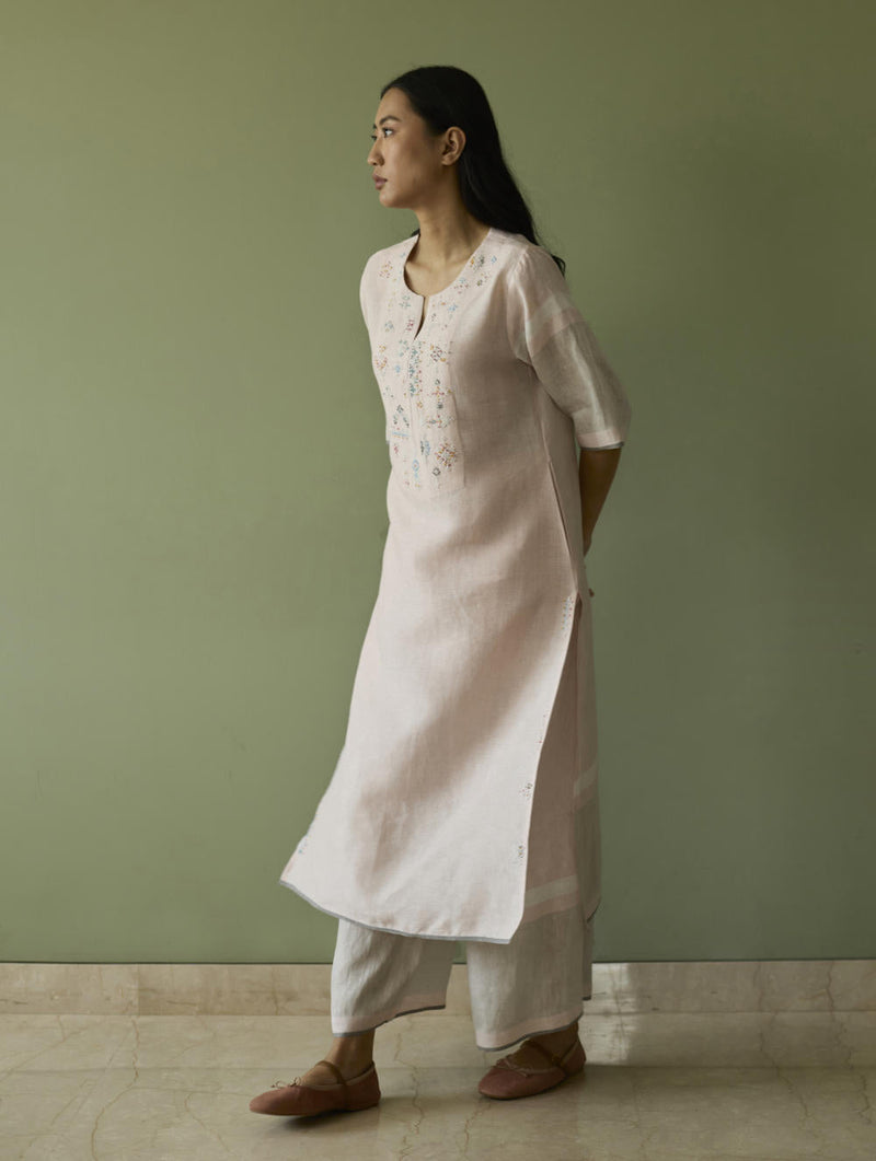 Vira Hand-Emboidered Linen Kurta-Blush linen by Manan in blush color for women Worldwide