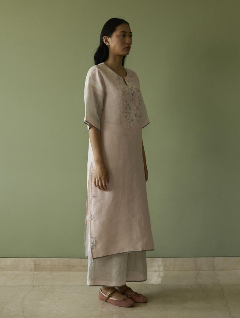 Vira Hand-Emboidered Linen Kurta-Blush linen by Manan in blush color for women Worldwide