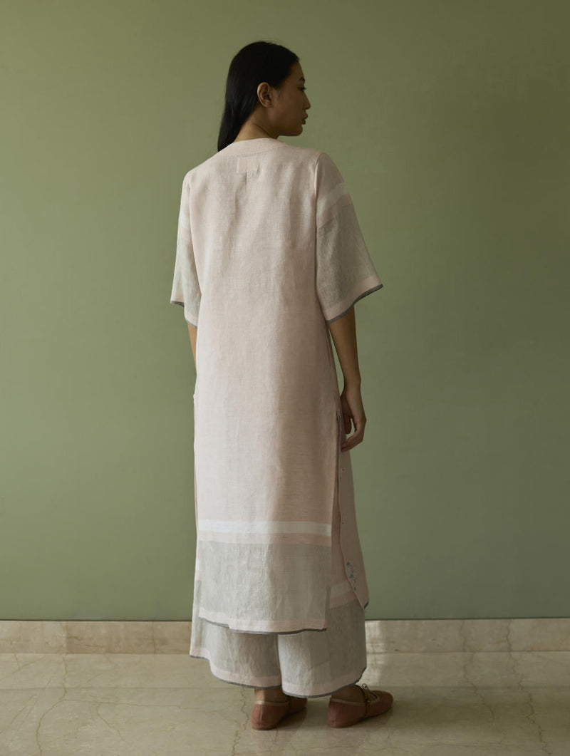 Vira Hand-Emboidered Linen Kurta-Blush linen by Manan in blush color for women Worldwide