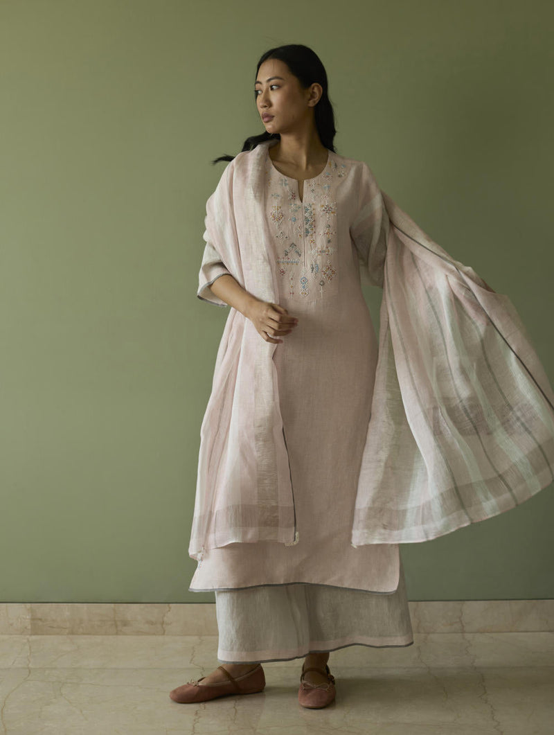 Vira Hand-Emboidered Linen Kurta-Blush linen by Manan in blush color for women Worldwide
