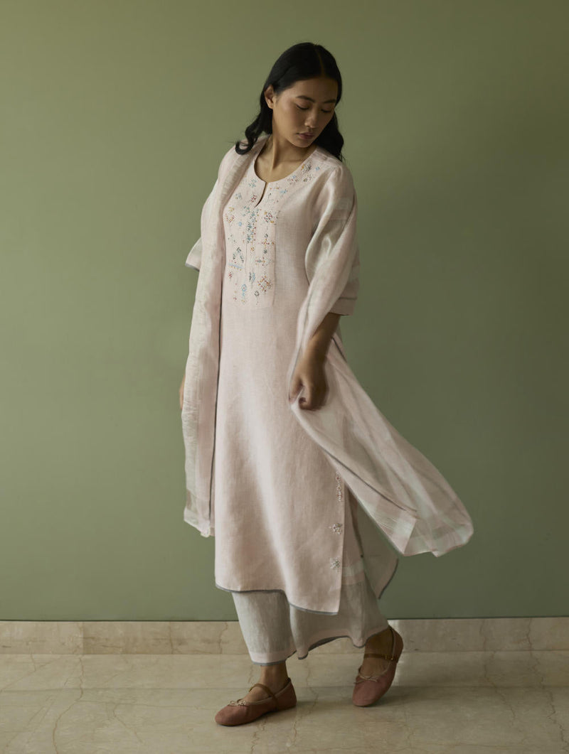 Vira Hand-Emboidered Linen Kurta-Blush linen by Manan in blush color for women Worldwide