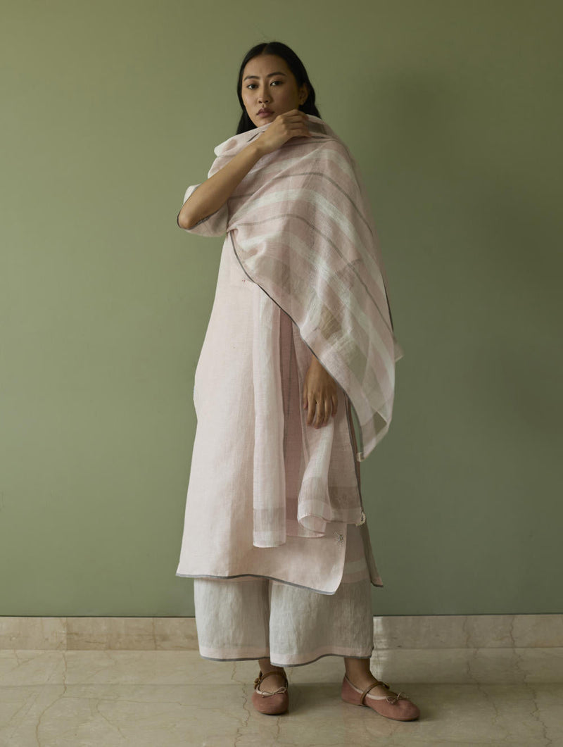 Vira Hand-Emboidered Linen Kurta-Blush linen by Manan in blush color for women Worldwide