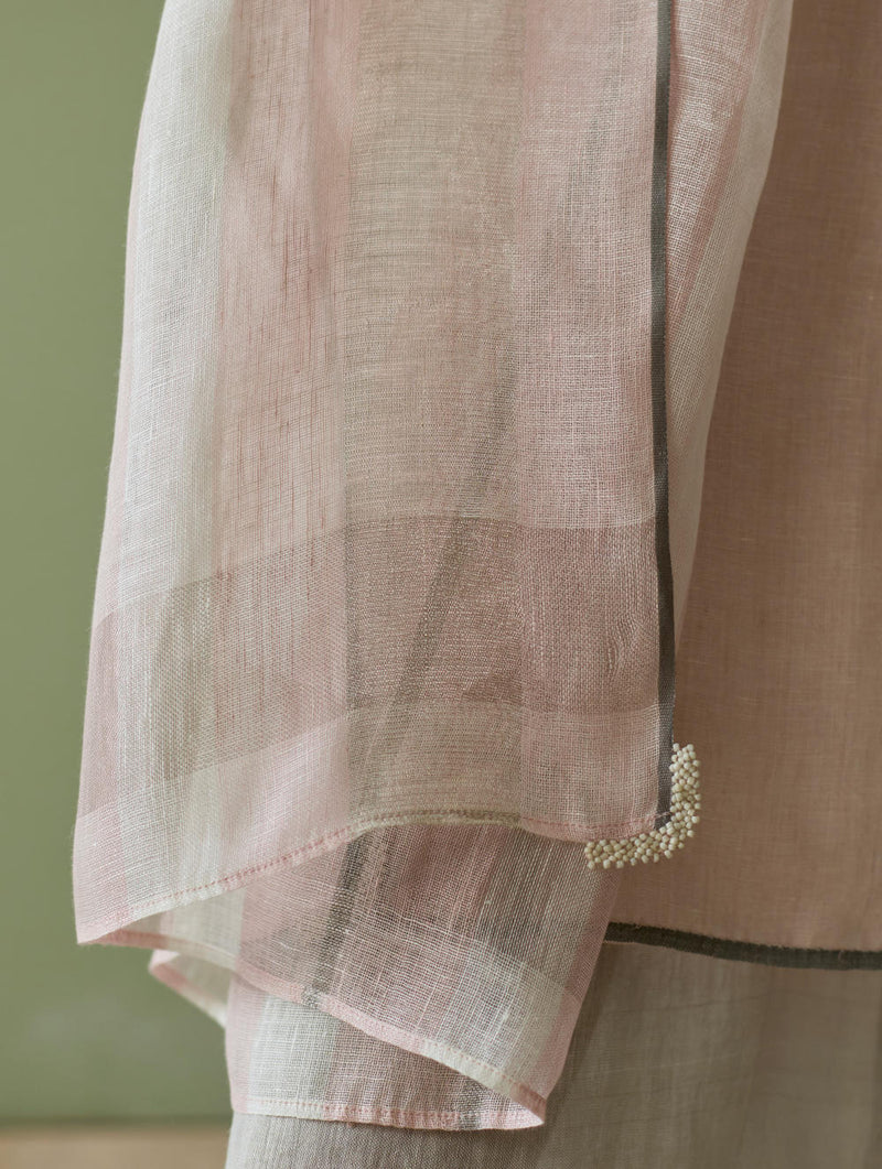 Vira Hand-Emboidered Linen Kurta-Blush linen by Manan in blush color for women Worldwide