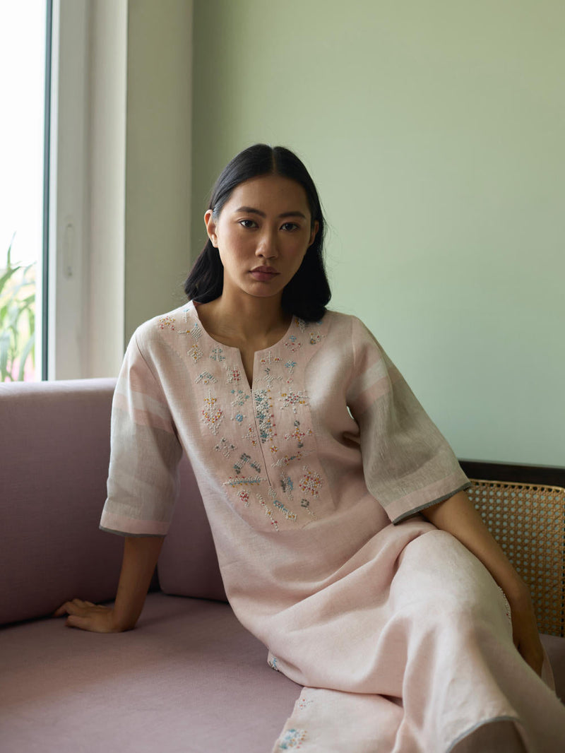 Vira Hand-Emboidered Linen Kurta-Blush linen by Manan in blush color for women Worldwide