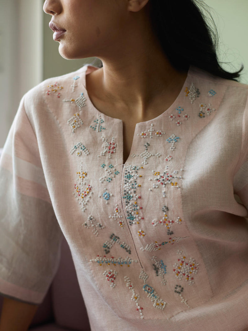 Vira Hand-Emboidered Linen Kurta-Blush linen by Manan in blush color for women Worldwide