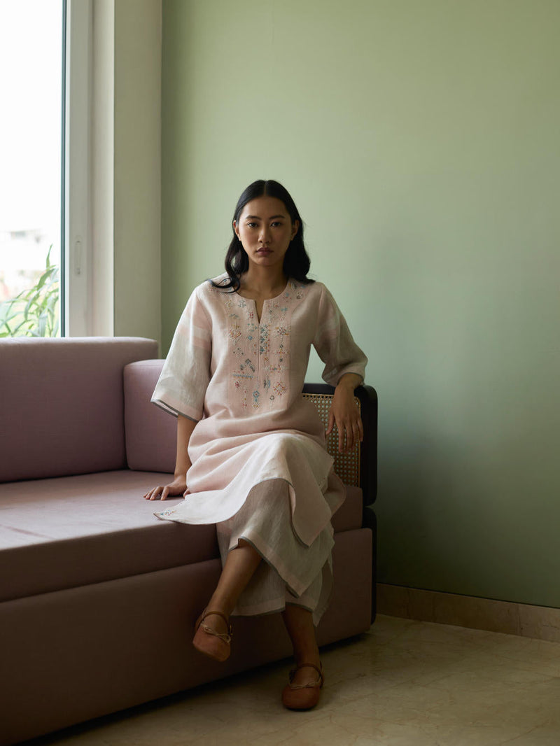 Vira Hand-Emboidered Linen Kurta-Blush linen by Manan in blush color for women Worldwide