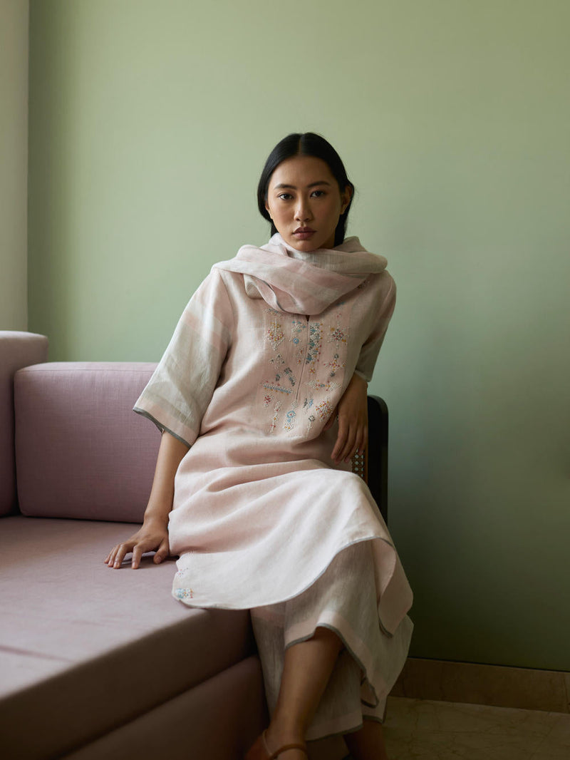 Vira Hand-Emboidered Linen Kurta-Blush linen by Manan in blush color for women Worldwide
