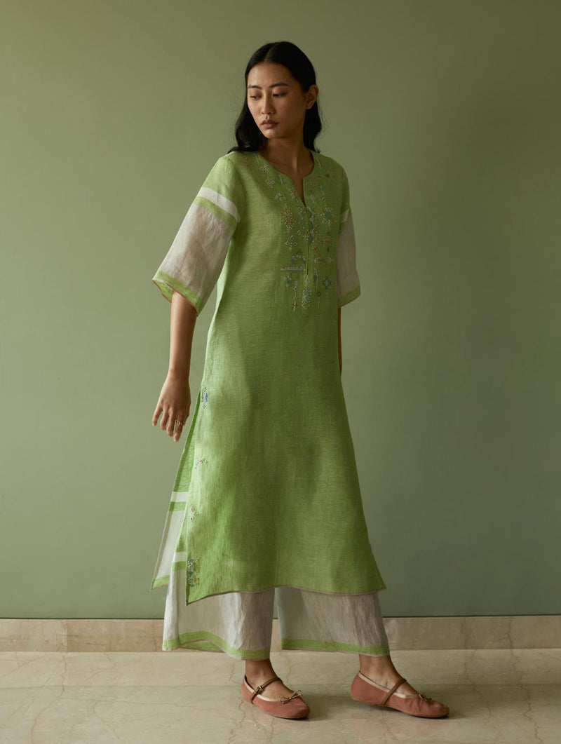 Vira Hand-Emboidered Linen Kurta-Meadow linen by Manan in green color for women Worldwide