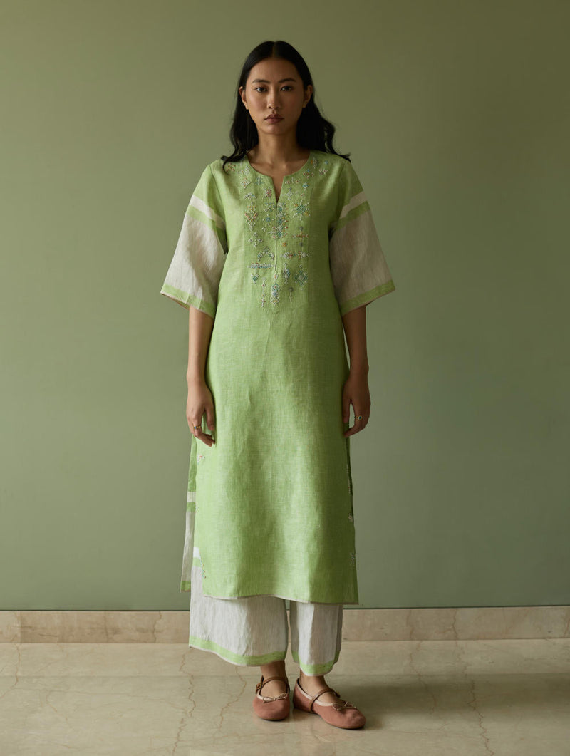 Vira Hand-Emboidered Linen Kurta-Meadow linen by Manan in green color for women Worldwide