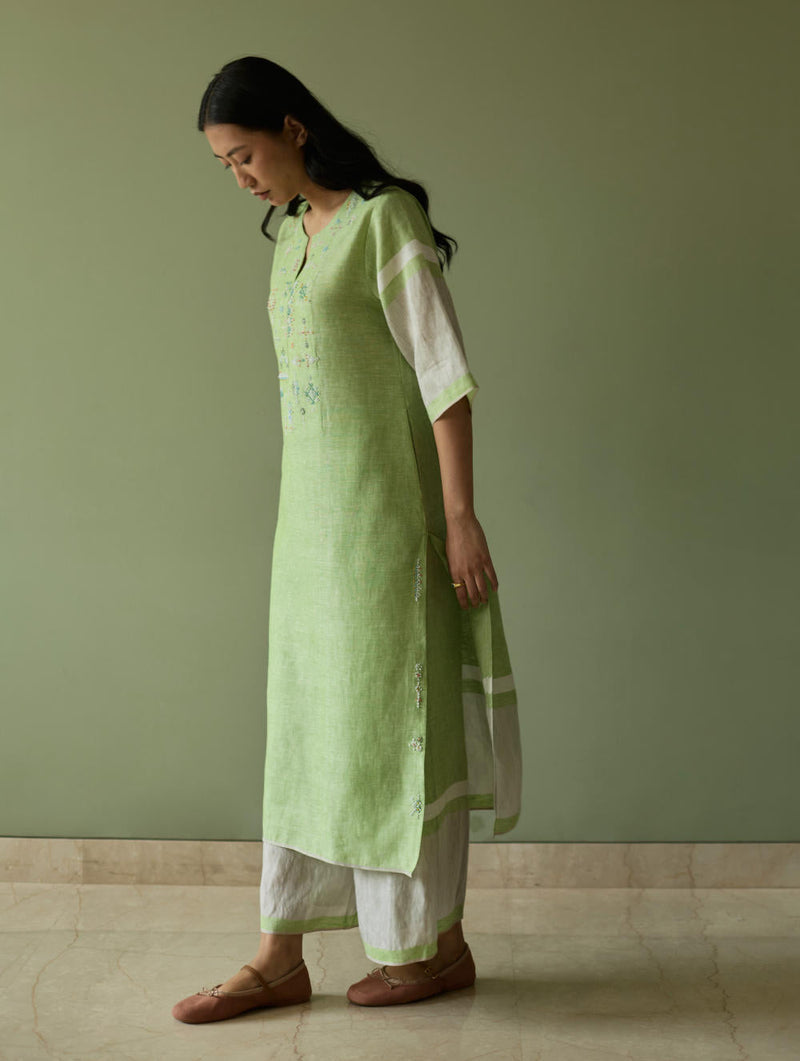Vira Hand-Emboidered Linen Kurta-Meadow linen by Manan in green color for women Worldwide