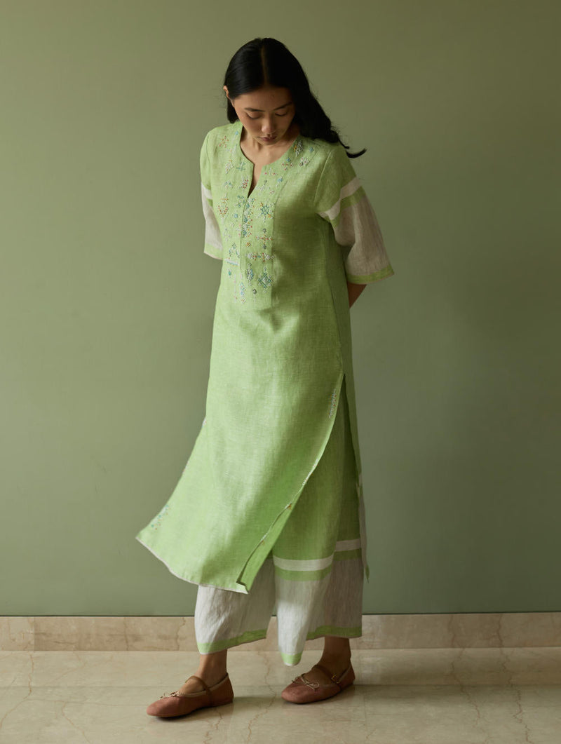 Vira Hand-Emboidered Linen Kurta-Meadow linen by Manan in green color for women Worldwide