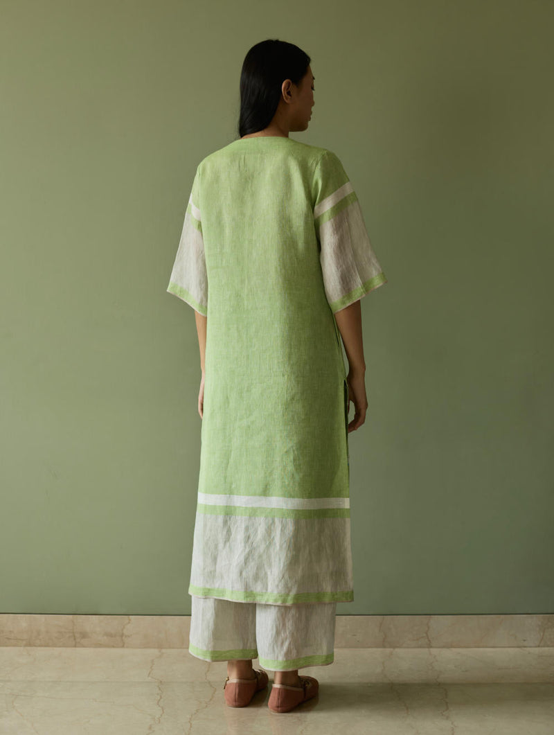 Vira Hand-Emboidered Linen Kurta-Meadow linen by Manan in green color for women Worldwide