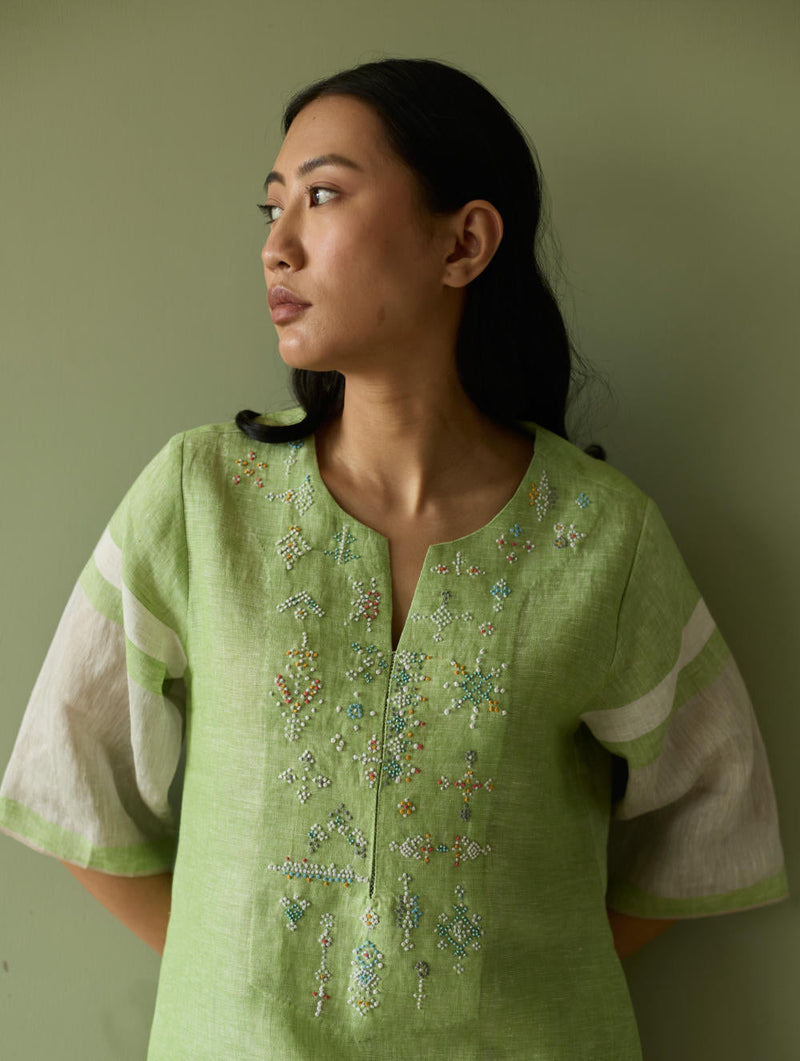 Vira Hand-Emboidered Linen Kurta-Meadow linen by Manan in green color for women Worldwide