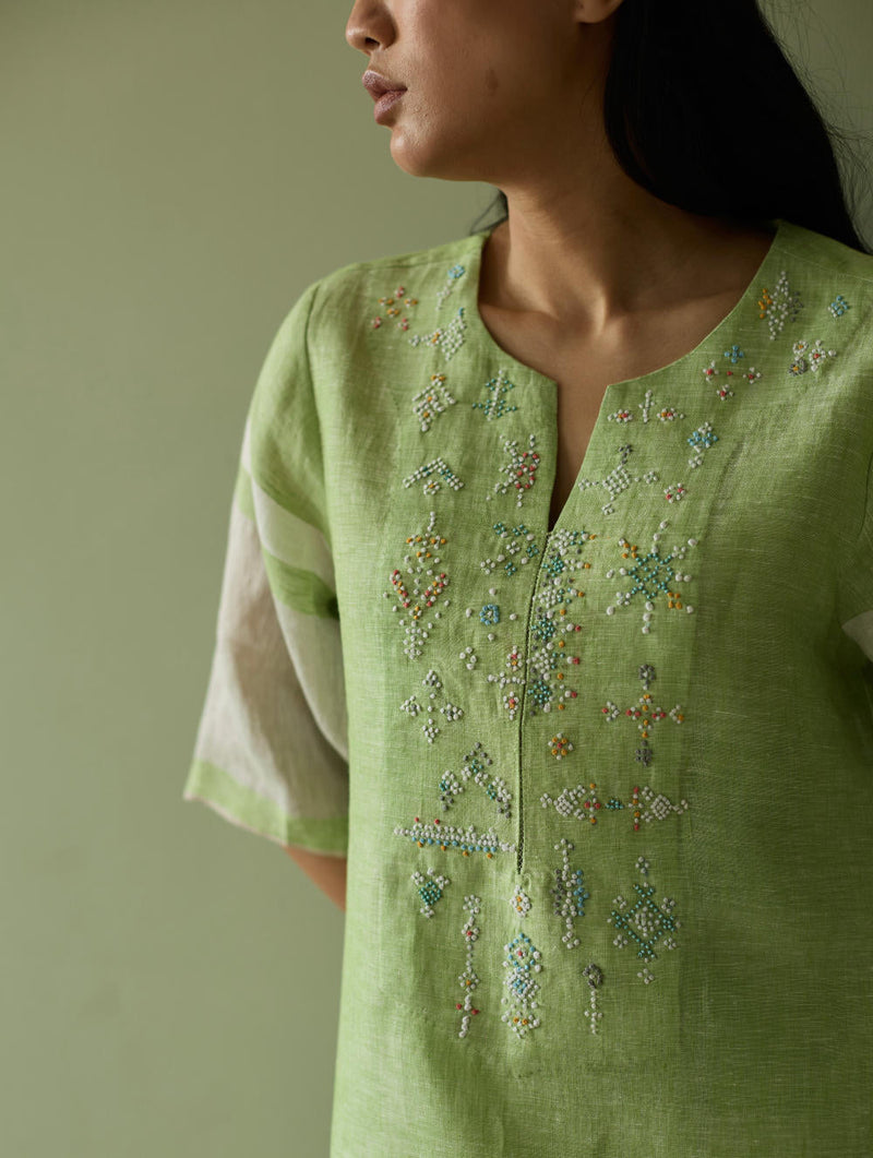 Vira Hand-Emboidered Linen Kurta-Meadow linen by Manan in green color for women Worldwide