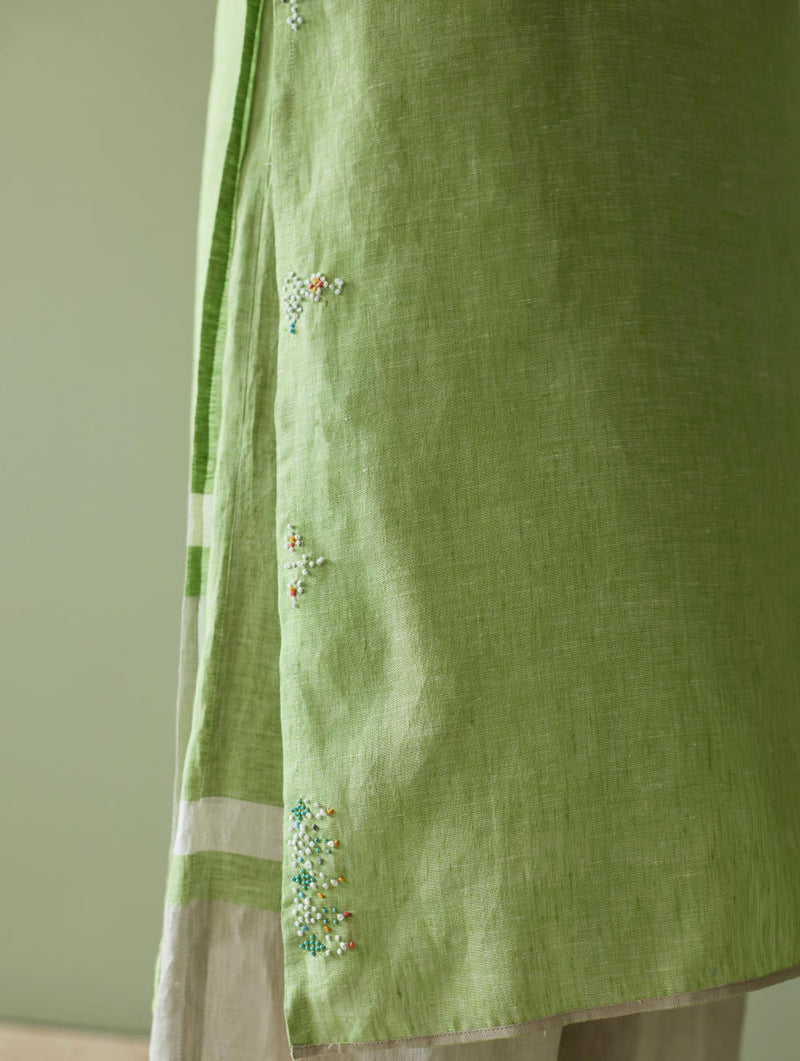 Vira Hand-Emboidered Linen Kurta-Meadow linen by Manan in green color for women Worldwide