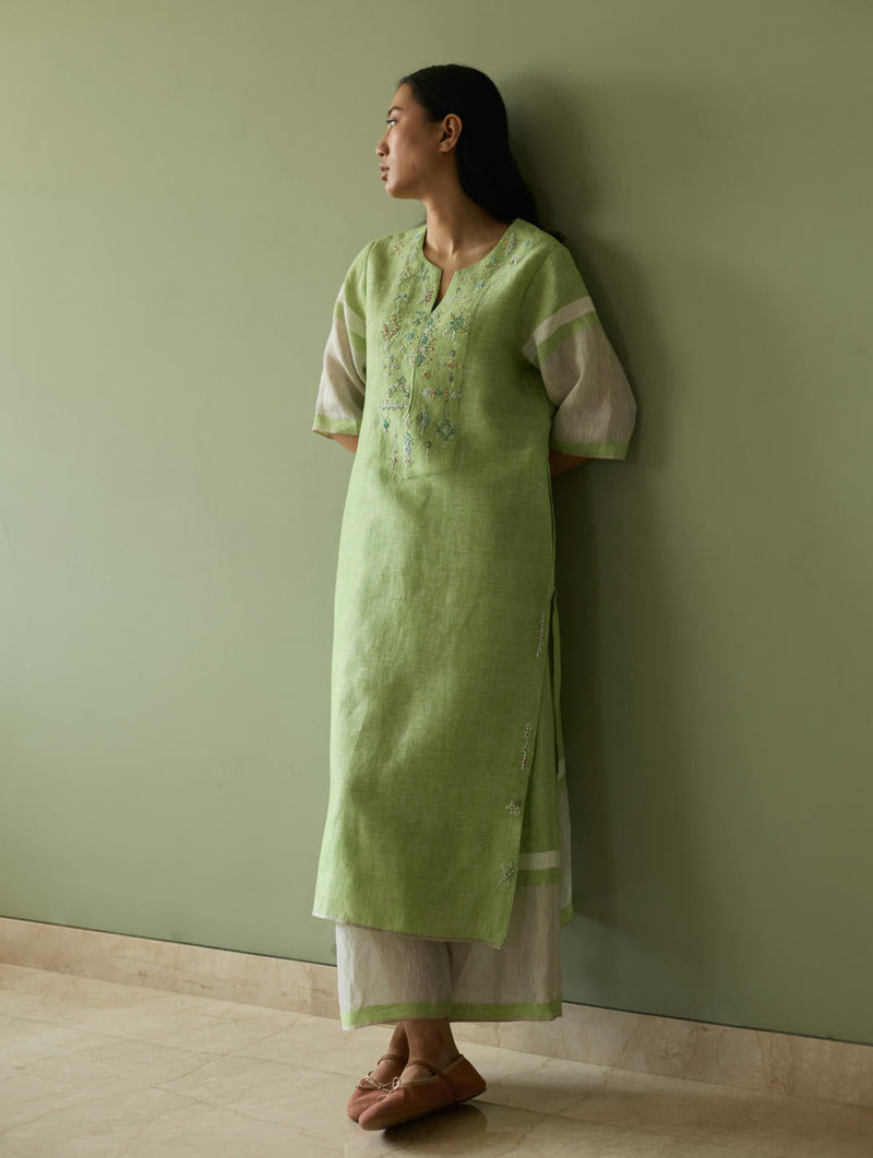 Vira Hand-Emboidered Linen Kurta-Meadow linen by Manan in green color for women Worldwide