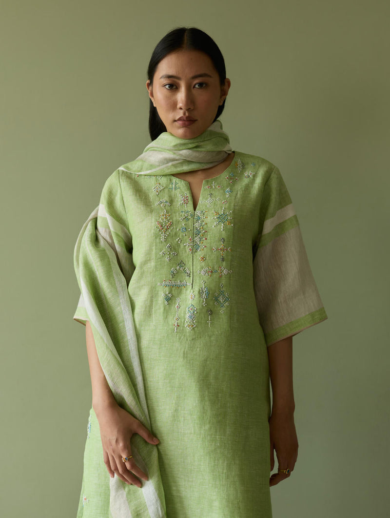 Vira Hand-Emboidered Linen Kurta-Meadow linen by Manan in green color for women Worldwide