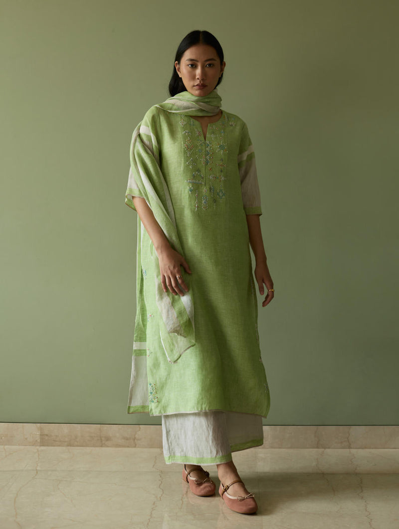 Vira Hand-Emboidered Linen Kurta-Meadow linen by Manan in green color for women Worldwide
