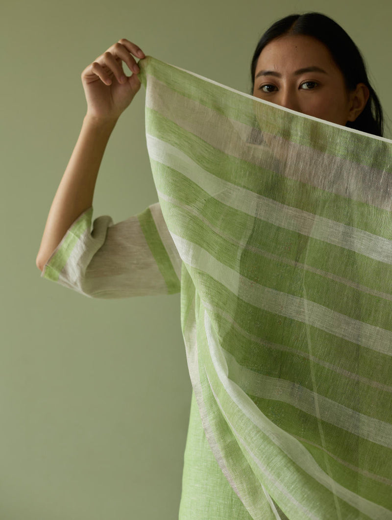 Vira Hand-Emboidered Linen Kurta-Meadow linen by Manan in green color for women Worldwide