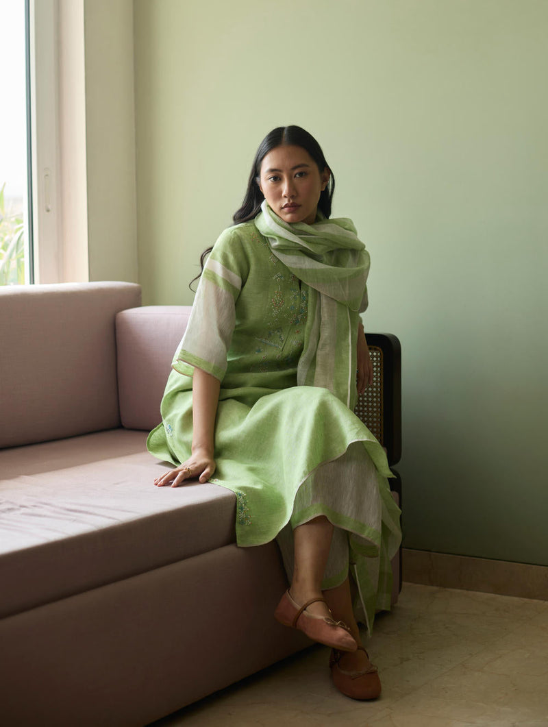 Vira Hand-Emboidered Linen Kurta-Meadow linen by Manan in green color for women Worldwide
