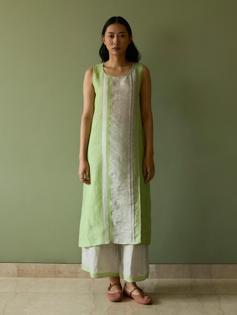 Yara Sleeveless Border Linen Kurta-Meadow linen by Manan in green color for women Worldwide