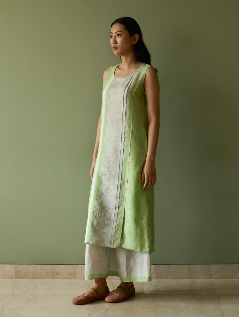 Yara Sleeveless Border Linen Kurta-Meadow linen by Manan in green color for women Worldwide