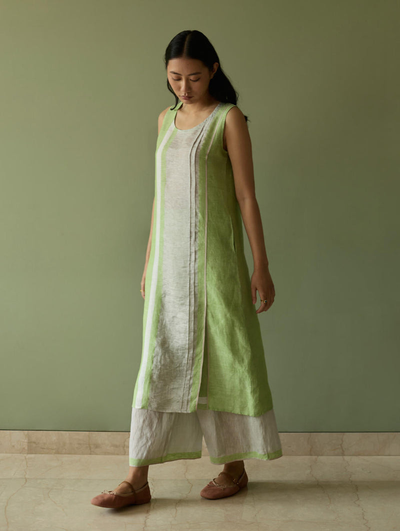 Yara Sleeveless Border Linen Kurta-Meadow linen by Manan in green color for women Worldwide
