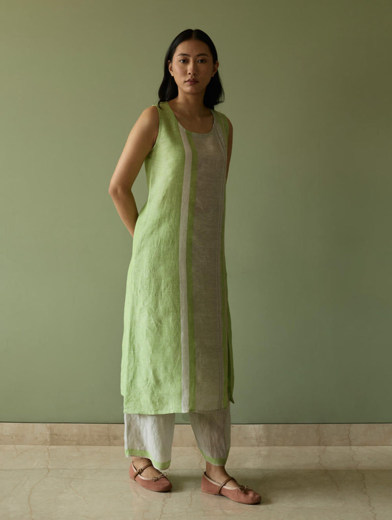 Yara Sleeveless Border Linen Kurta-Meadow linen by Manan in green color for women Worldwide