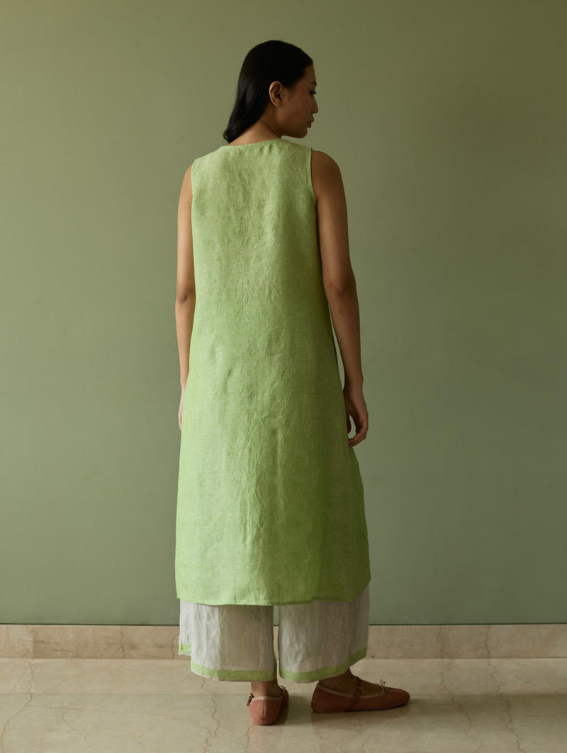 Yara Sleeveless Border Linen Kurta-Meadow linen by Manan in green color for women Worldwide